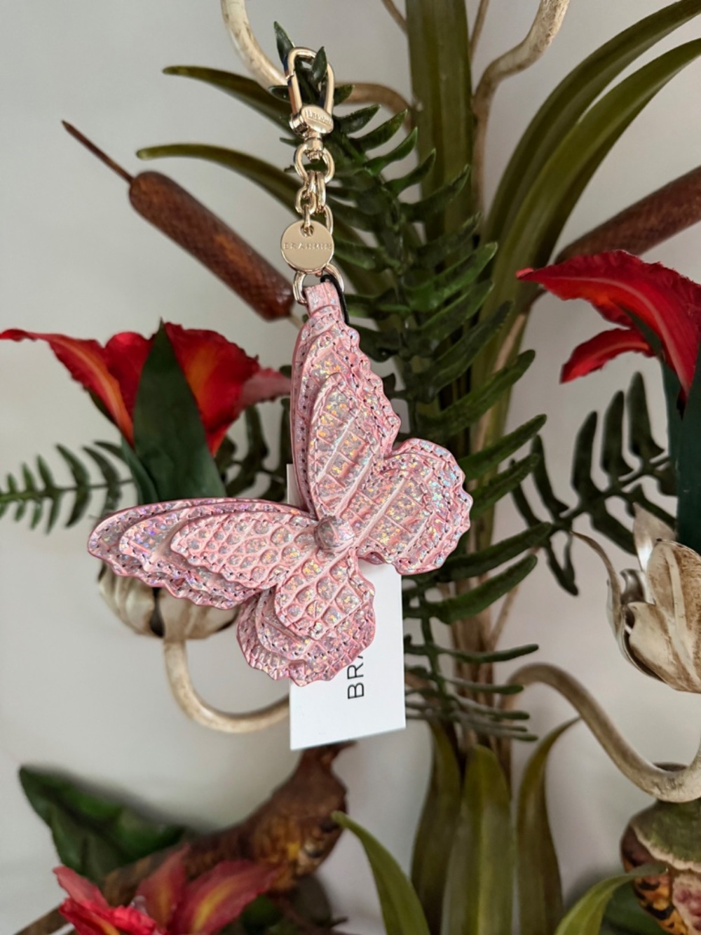 NWT Brahmin Pink Pixie Dust 3D Leather Butterfly Purse Handbag Charm Tassel Fob